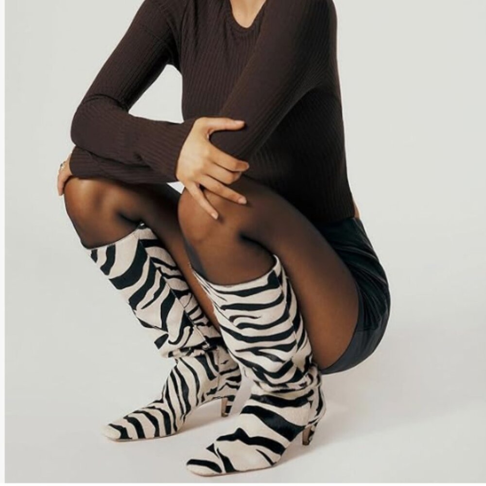 Black Zebra Stretchy Knee High Boots Square Toe Kitten Heel Autumn Winter Boots